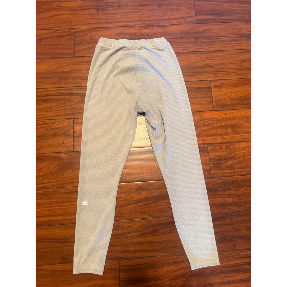 Alo Yoga Ribbed Leggings Heather Light Gray Yoga Lounge Pants Reflective Logo